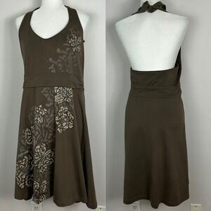 Life Is Good Y2K Babydoll Halter Dress Brown Floral Womens Size 14 Built‎ In Bra